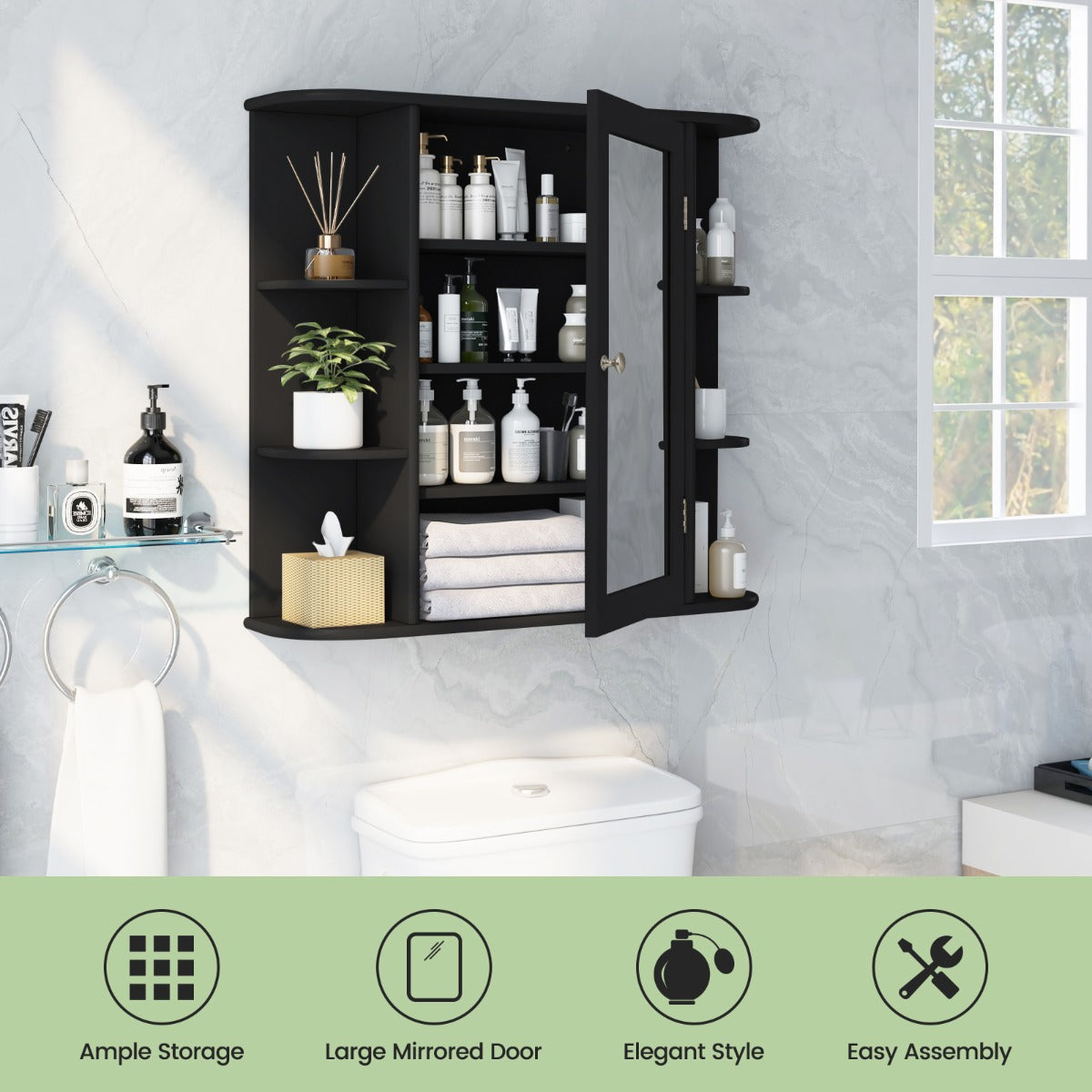 LIVSK Badkamerkast - Wandgemonteerd met 6 Open Compartimenten - Verstelbare Plank - MDF - 66 x 17 x 62 cm - Zwart