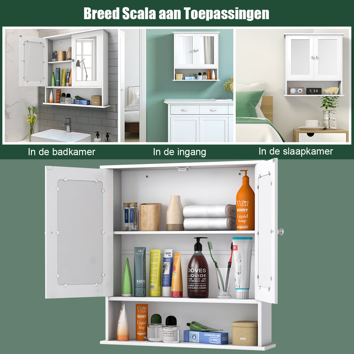 LIVSK Wandkast met Spiegels - Verstelbare Plank - Magnetische Deurvangers - Ruimtebesparend - 56 x 13 x 58 cm - Wit