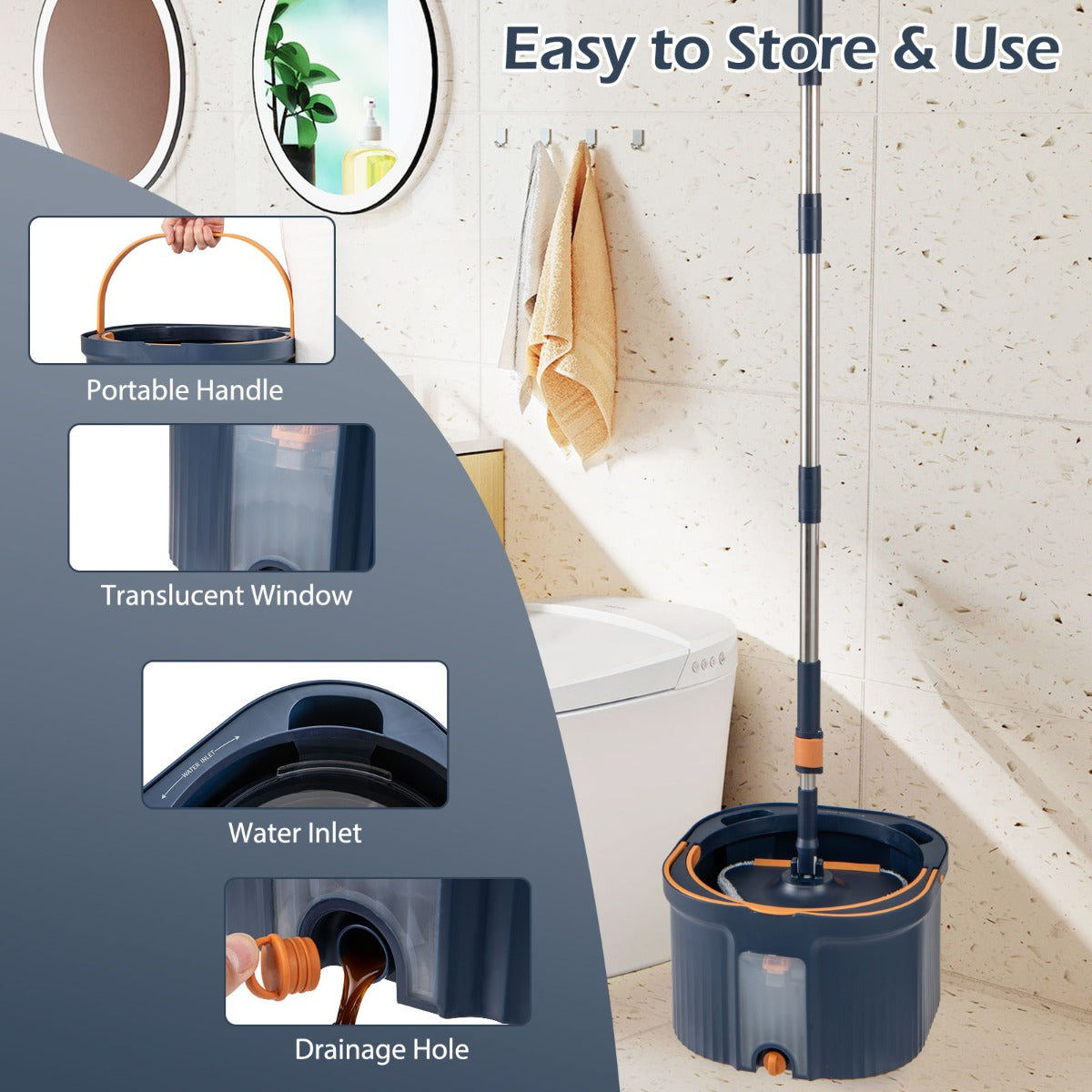 LIVSK Spinmop- en Emmerset - Scheidt Schoon en Vuil Water - 360° Draaibare Dweilkoppen - Kamreinigers - Blauw
