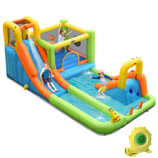 LIVSK Opblaasbaar Waterspringkasteel - Met Glijbanen, Basketbalmand en Waterpistool - Inclusief Accessoires - Voor 3 Kinderen -