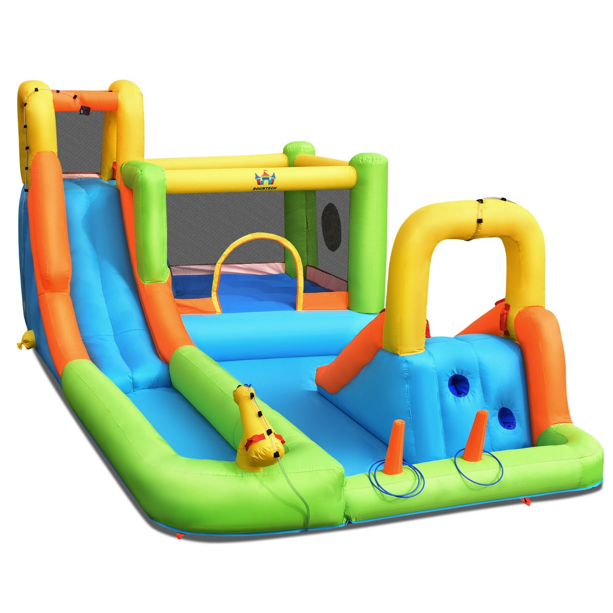 LIVSK Opblaasbaar Waterspringkasteel - Met Glijbanen, Basketbalmand en Waterpistool - Inclusief Accessoires - Voor 3 Kinderen -