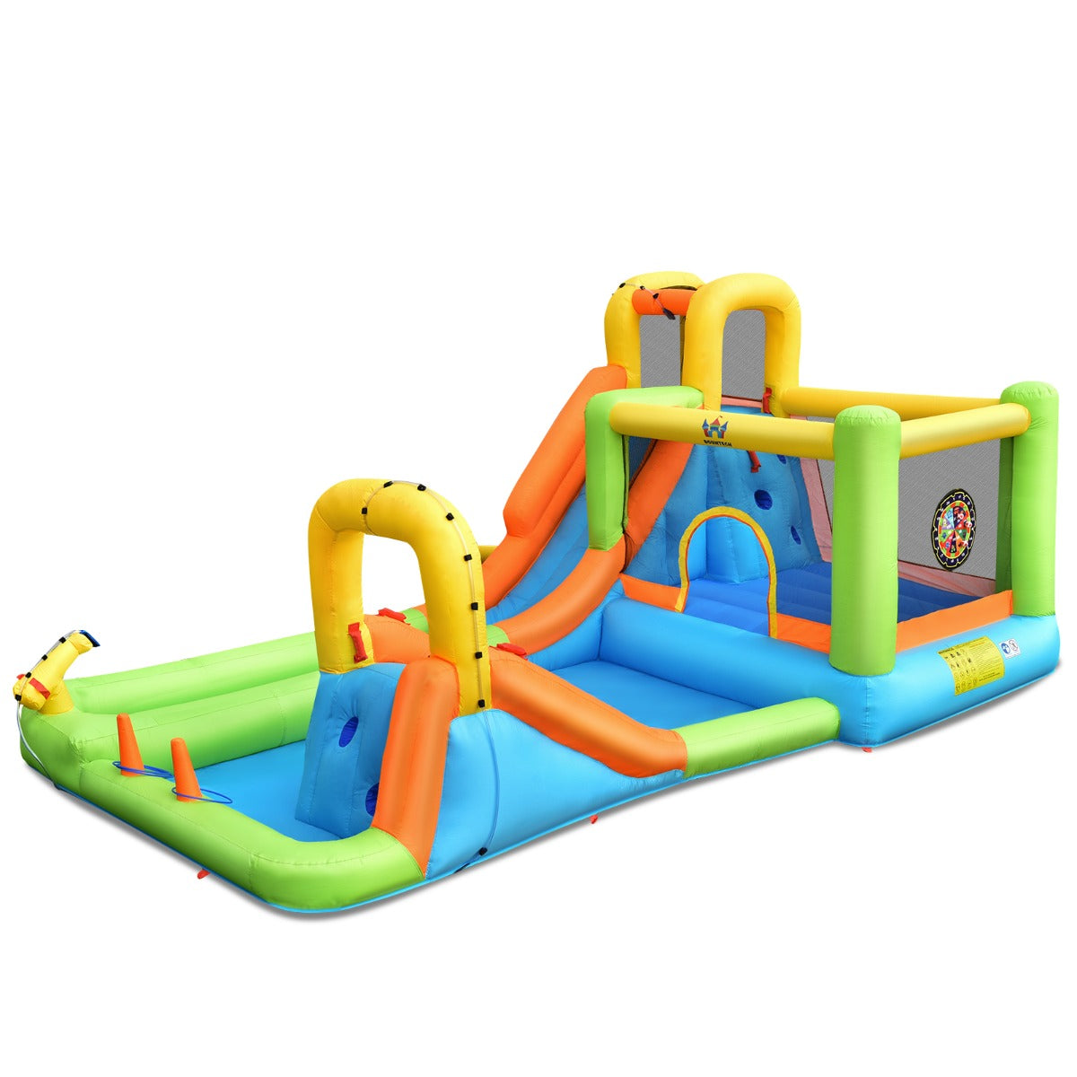 LIVSK Opblaasbaar Waterspringkasteel - Met Glijbanen, Basketbalmand en Waterpistool - Inclusief Accessoires - Voor 3 Kinderen -