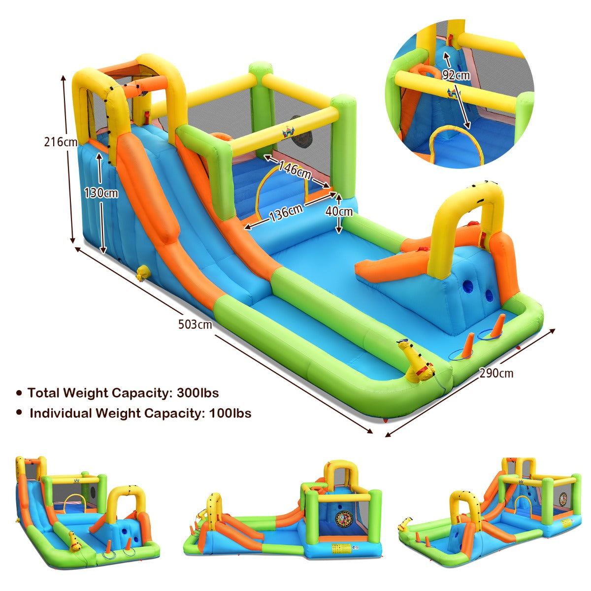 LIVSK Opblaasbaar Waterspringkasteel - Met Glijbanen, Basketbalmand en Waterpistool - Inclusief Accessoires - Voor 3 Kinderen -