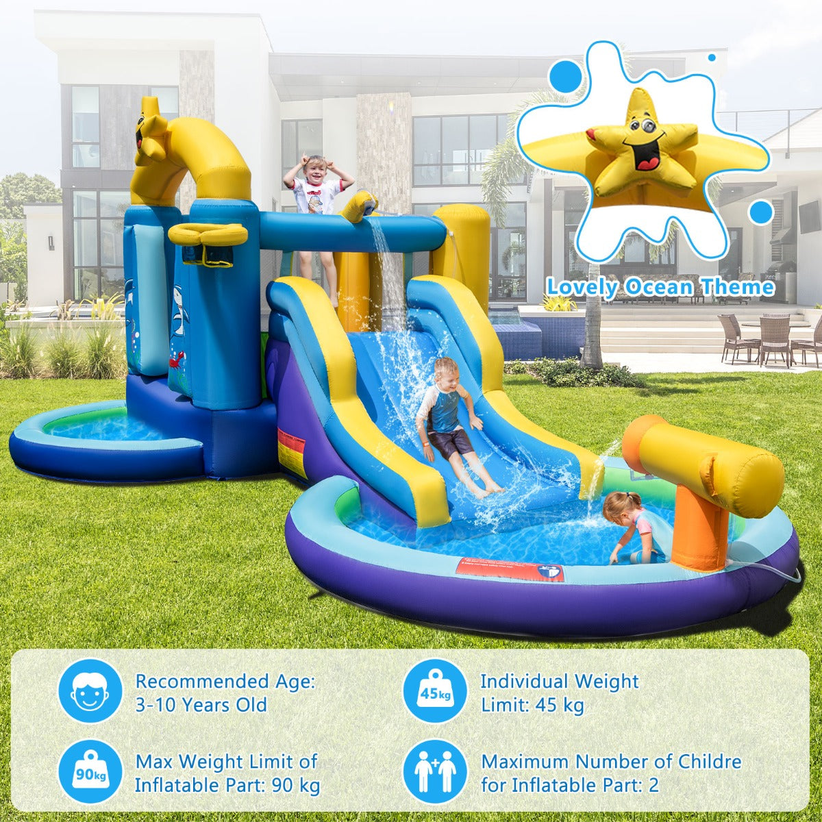 LIVSK Oceaanthema Springkasteel - Opblaasbaar met Glijbanen en Waterpark - Veiligheidsnetten - Tot 90 kg - Veelkleurig
