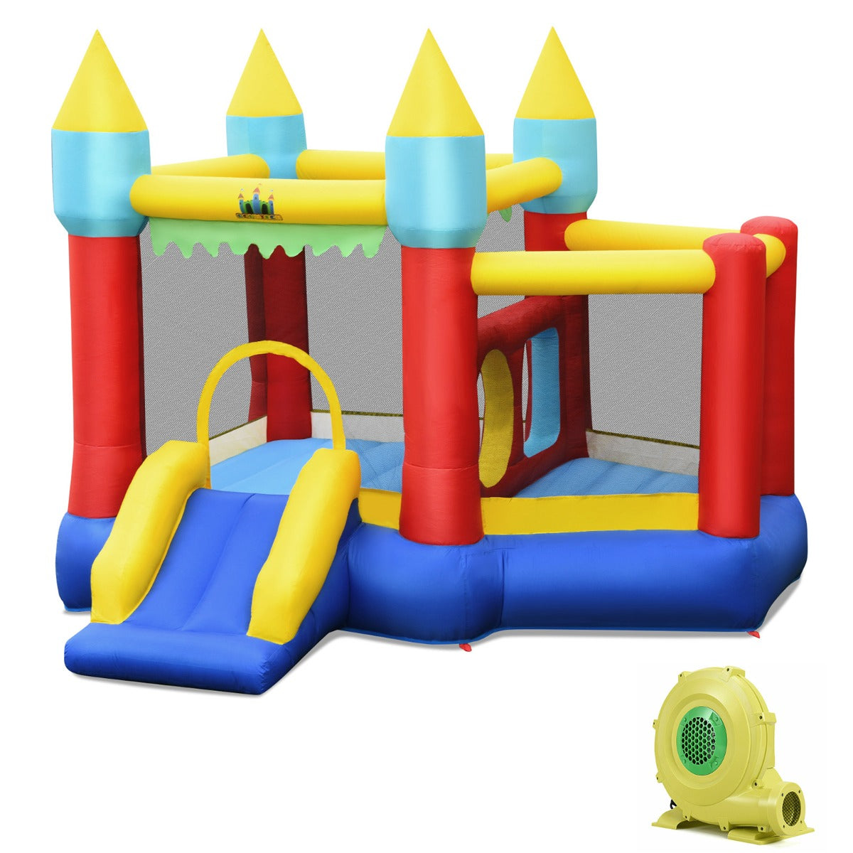 LIVSK Springkasteel met Basketbalkorf - 2 Springgebieden - Glijbaan - 100 Ballen - Inclusief Pomp - Voor 3 Kinderen - Multikleur