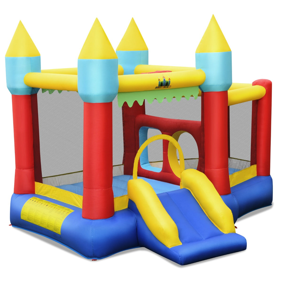 LIVSK Springkasteel met Basketbalkorf - 2 Springgebieden - Glijbaan - 100 Ballen - Inclusief Pomp - Voor 3 Kinderen - Multikleur