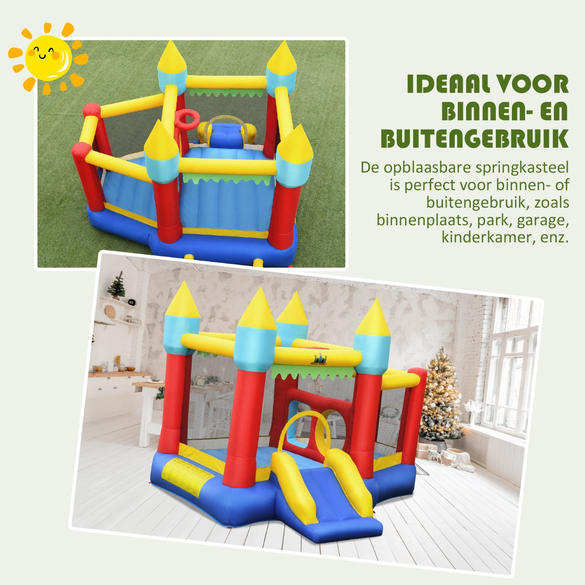 LIVSK Springkasteel met Basketbalkorf - 2 Springgebieden - Glijbaan - 100 Ballen - Inclusief Pomp - Voor 3 Kinderen - Multikleur
