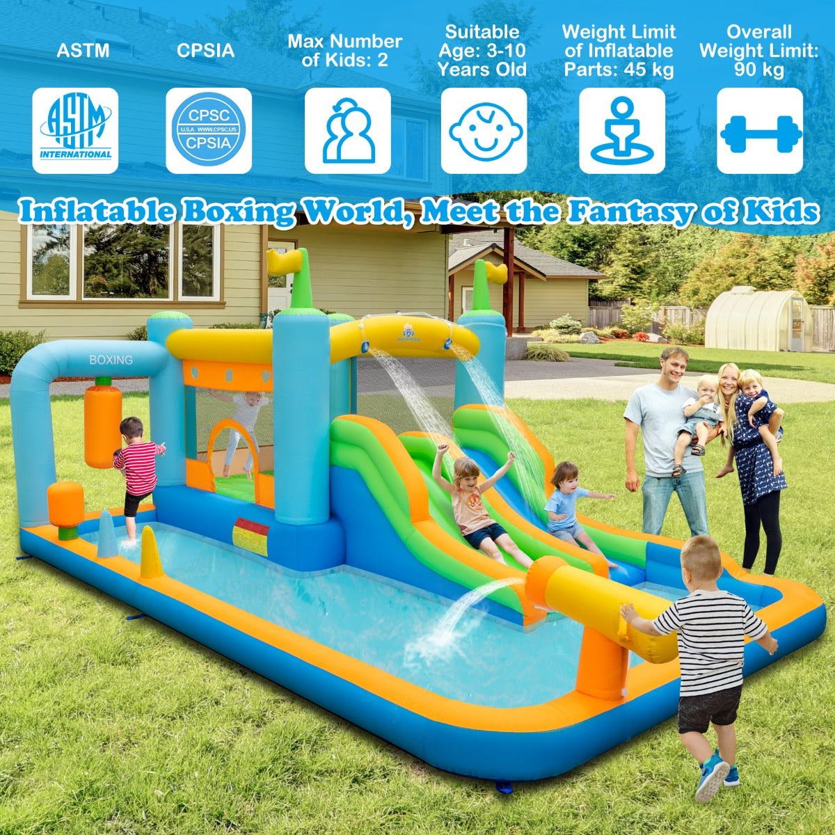 LIVSK Opblaasbaar Waterpark met Glijbanen - Springgedeelte, Basketballen, Watergevechten - Voor Kinderen 3-10 jaar - 503 x 348 x