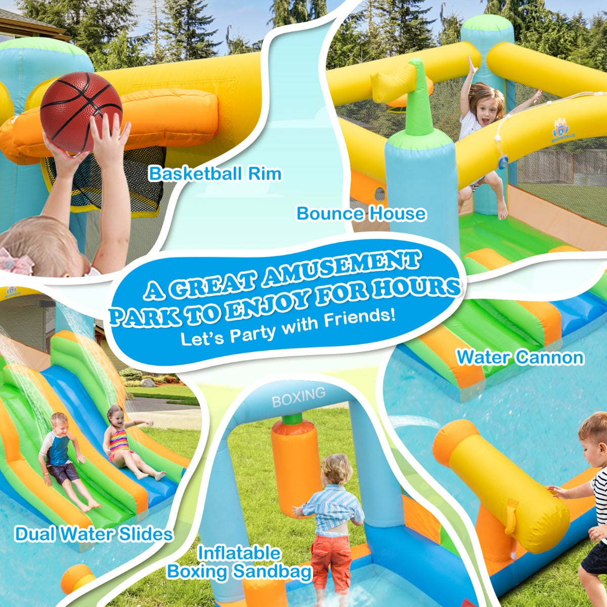 LIVSK Opblaasbaar Waterpark met Glijbanen - Springgedeelte, Basketballen, Watergevechten - Voor Kinderen 3-10 jaar - 503 x 348 x