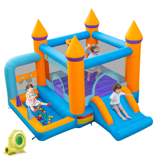 LIVSK 5-in-1 Springkasteel met Ventilator - Glijbaan - Ballenbad - Basketbalnet - Voor Kinderen - 337 x 325 x 256 cm - Multikleur