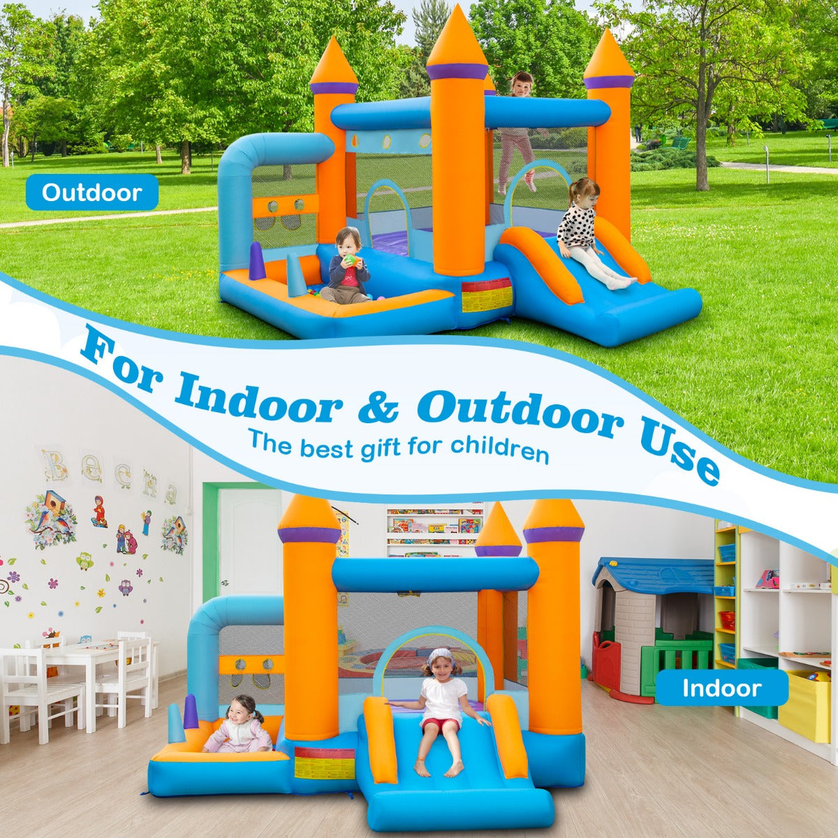 LIVSK 5-in-1 Springkasteel met Ventilator - Glijbaan - Ballenbad - Basketbalnet - Voor Kinderen - 337 x 325 x 256 cm - Multikleur