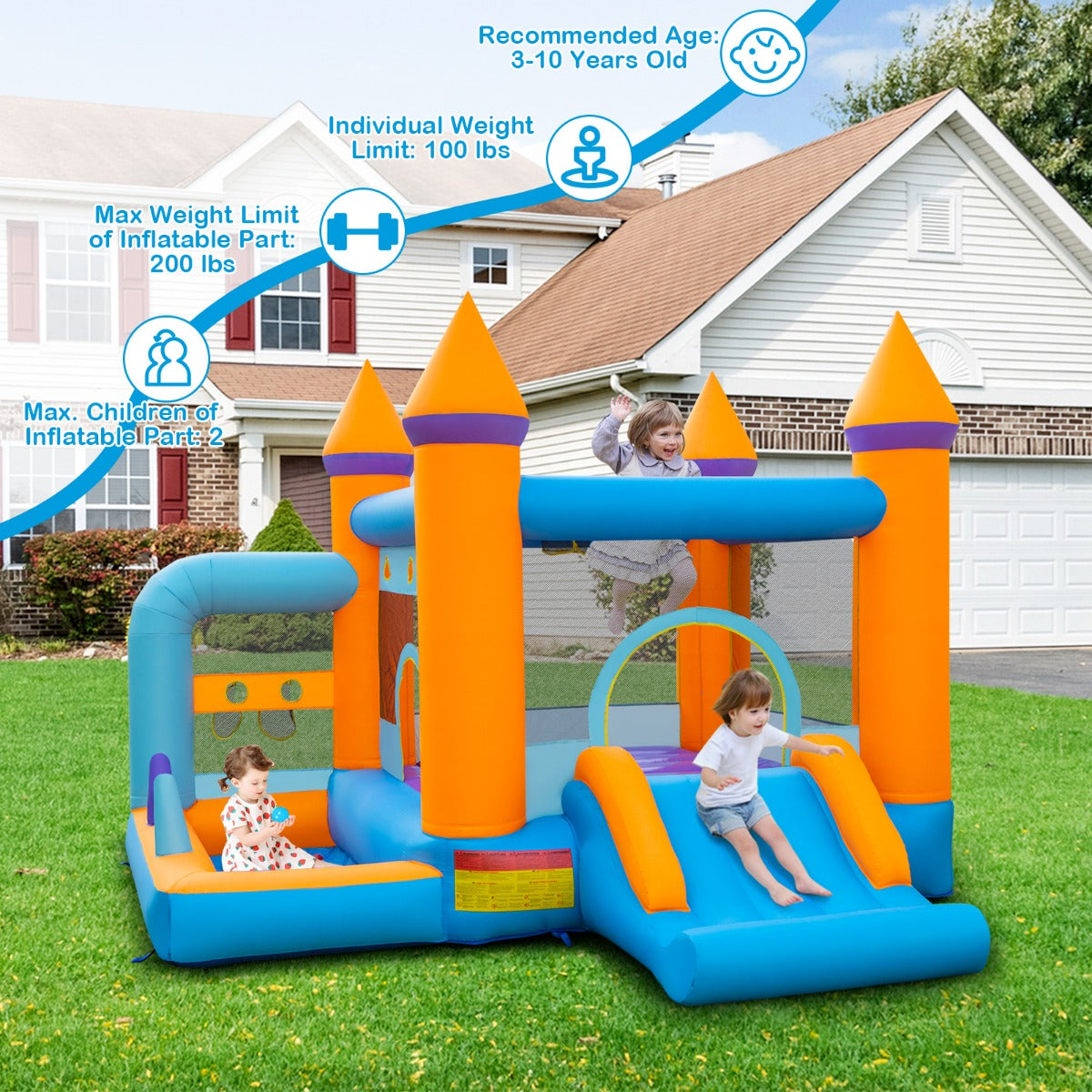 LIVSK 5-in-1 Springkasteel met Ventilator - Glijbaan - Ballenbad - Basketbalnet - Voor Kinderen - 337 x 325 x 256 cm - Multikleur