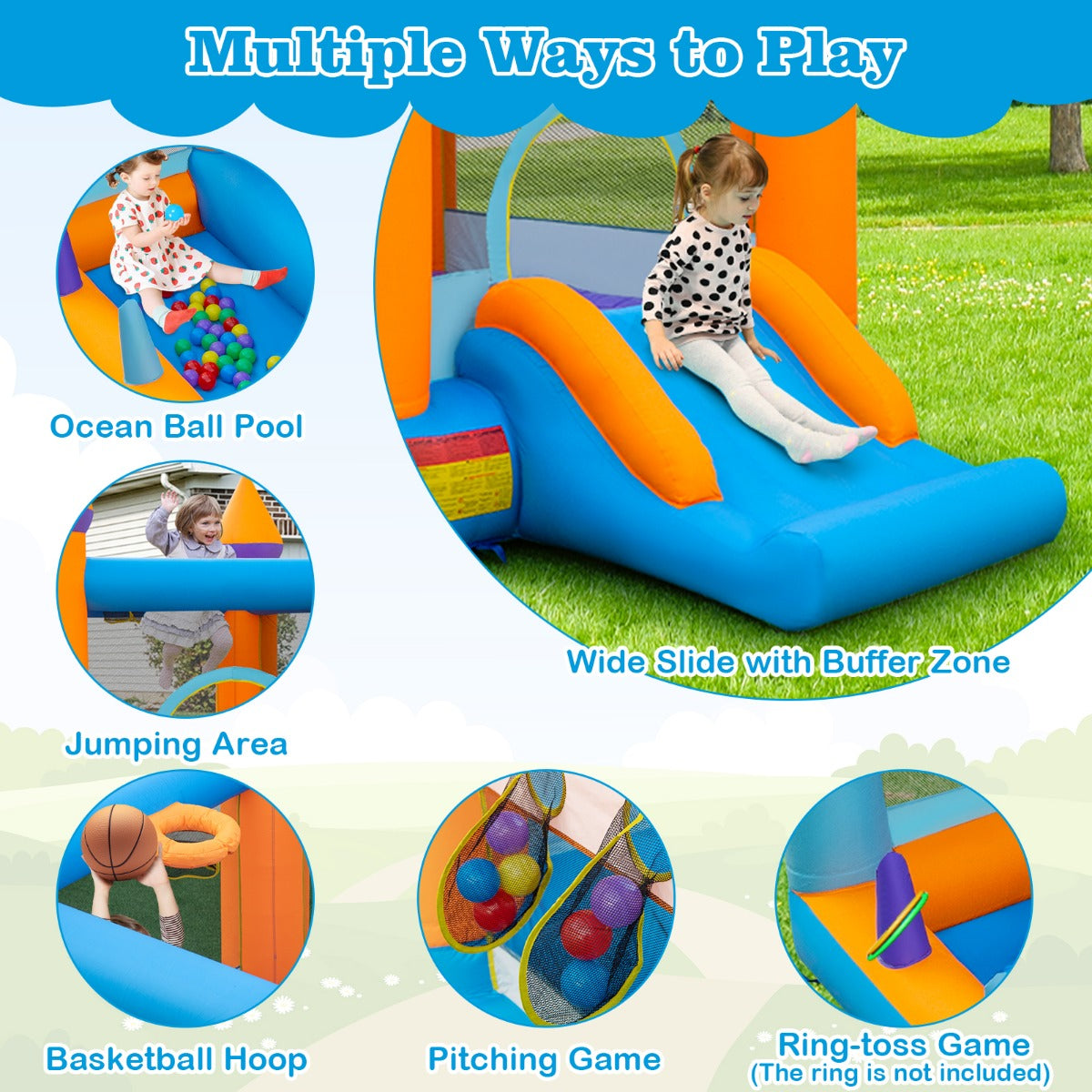 LIVSK 5-in-1 Springkasteel met Ventilator - Glijbaan - Ballenbad - Basketbalnet - Voor Kinderen - 337 x 325 x 256 cm - Multikleur