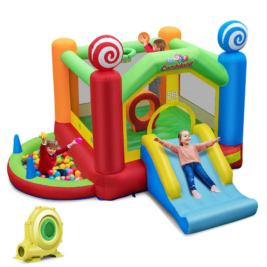 LIVSK Opblaasbaar Springkasteel Candyland - Glijbaan, Ballenbad, Ringspel - Inclusief Luchtblazer en Speelballen - 385 x 360 x
