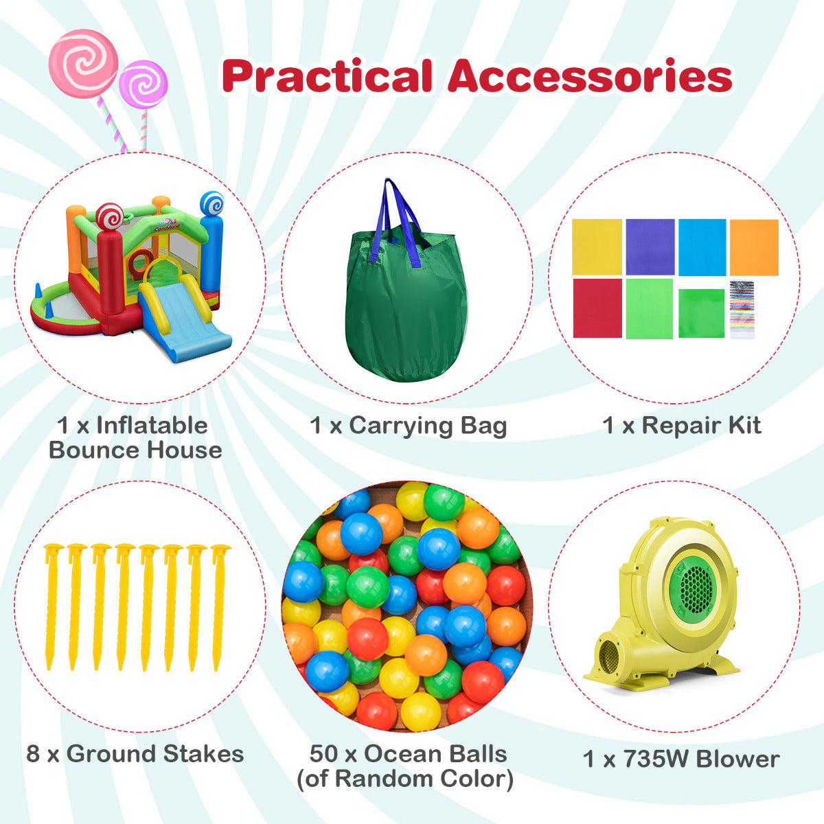 LIVSK Opblaasbaar Springkasteel Candyland - Glijbaan, Ballenbad, Ringspel - Inclusief Luchtblazer en Speelballen - 385 x 360 x