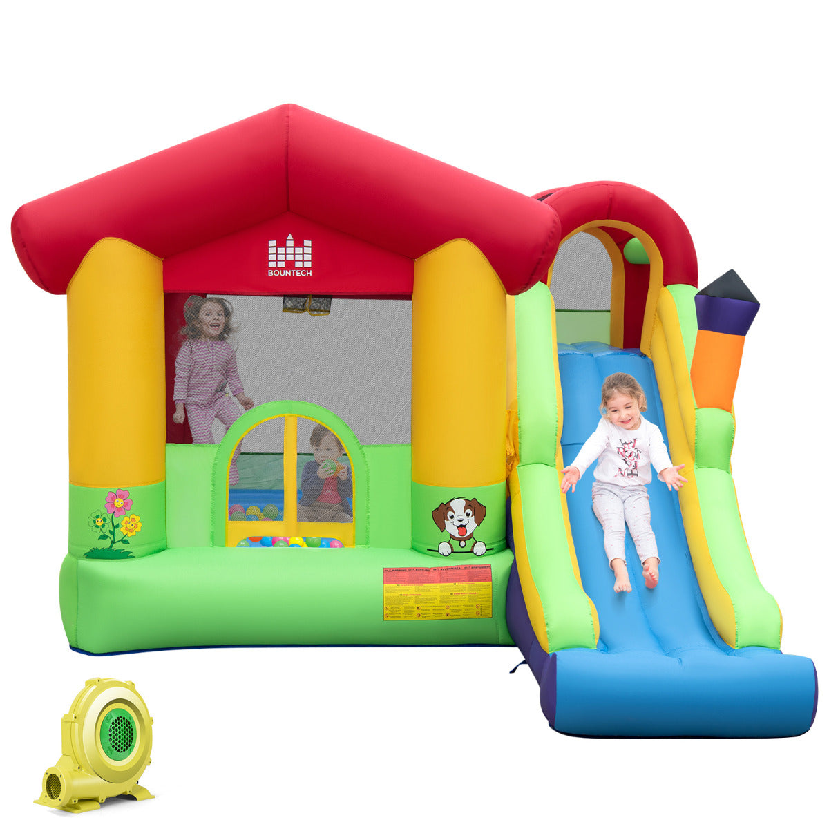 Livsk costway springkasteel met ventilator lange glijbaan klimwand basketbalkorf en speelballen springkasteel voor kinderen 325 x 290 x 225 cm