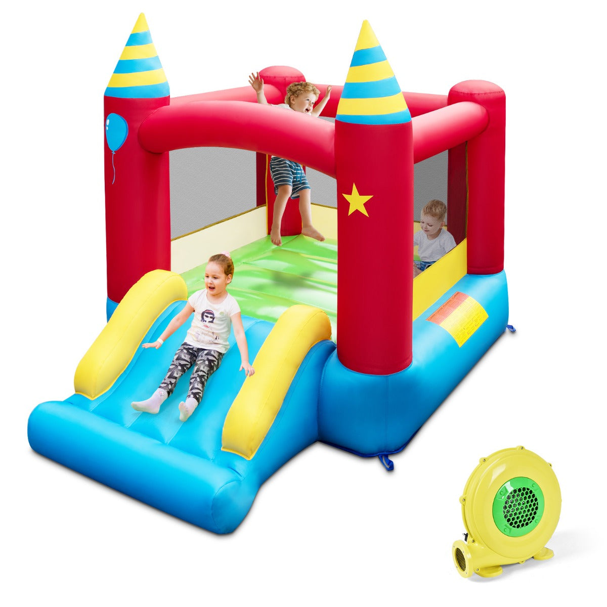 LIVSK Duurzaam Springkasteel - 420D Oxford-stof - Glijbaan - Roosterwand - Geschikt voor 3 Kinderen - 190 x 260 x 205 cm - Grijs