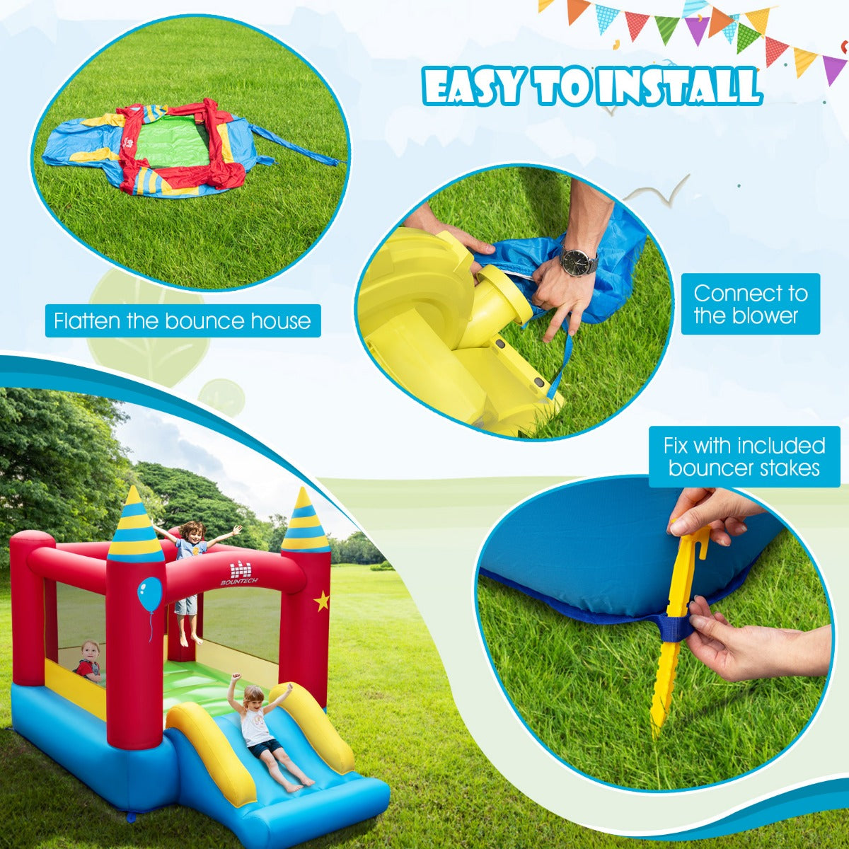 LIVSK Duurzaam Springkasteel - 420D Oxford-stof - Glijbaan - Roosterwand - Geschikt voor 3 Kinderen - 190 x 260 x 205 cm - Grijs