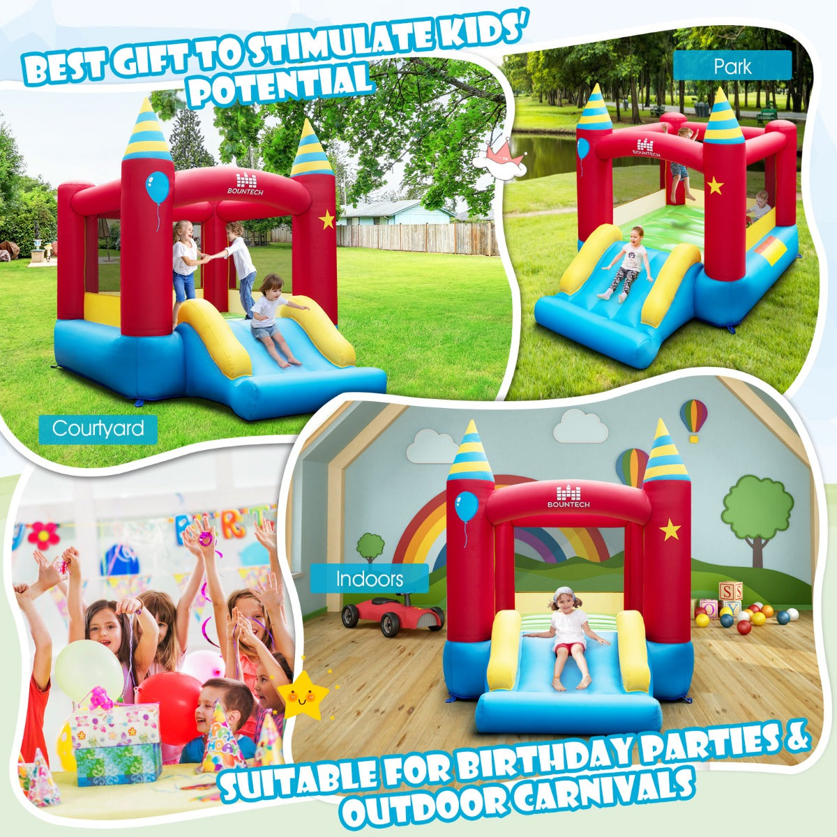 LIVSK Duurzaam Springkasteel - 420D Oxford-stof - Glijbaan - Roosterwand - Geschikt voor 3 Kinderen - 190 x 260 x 205 cm - Grijs