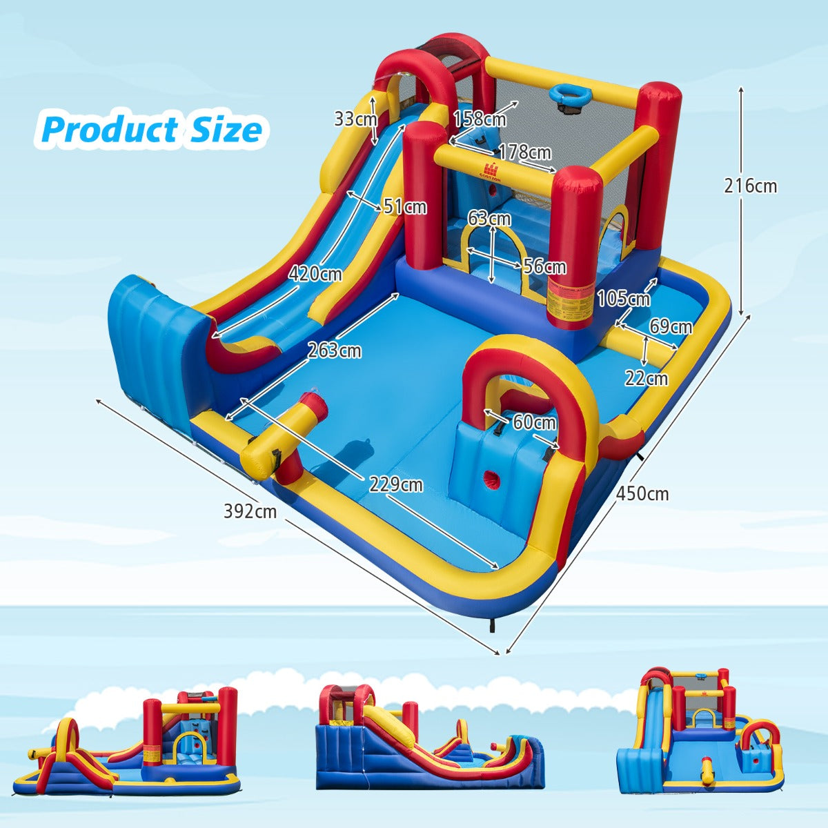 Livsk costway springkasteel met waterglijbaan klimwand springgedeelte waterkanon peuterbad basketbalring waterspringkasteel voor kinderen waterpark voor buiten 450 x 392 x 216 cm
