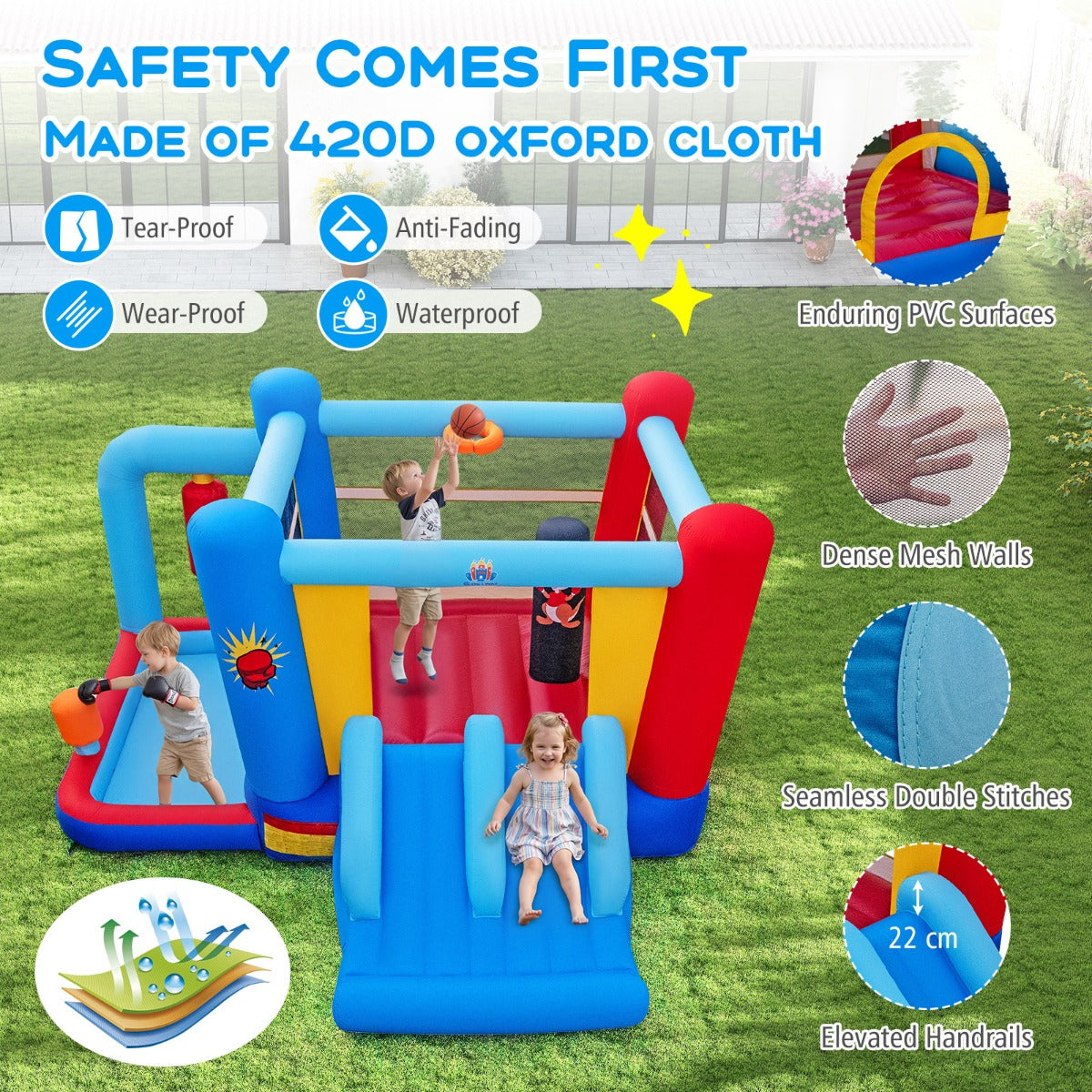 Livsk costway springkasteel opblaasbare structuur voor kinderen met bokszakken ballenbak basketbalring dubbele glijbanen en ventilator van 550 w