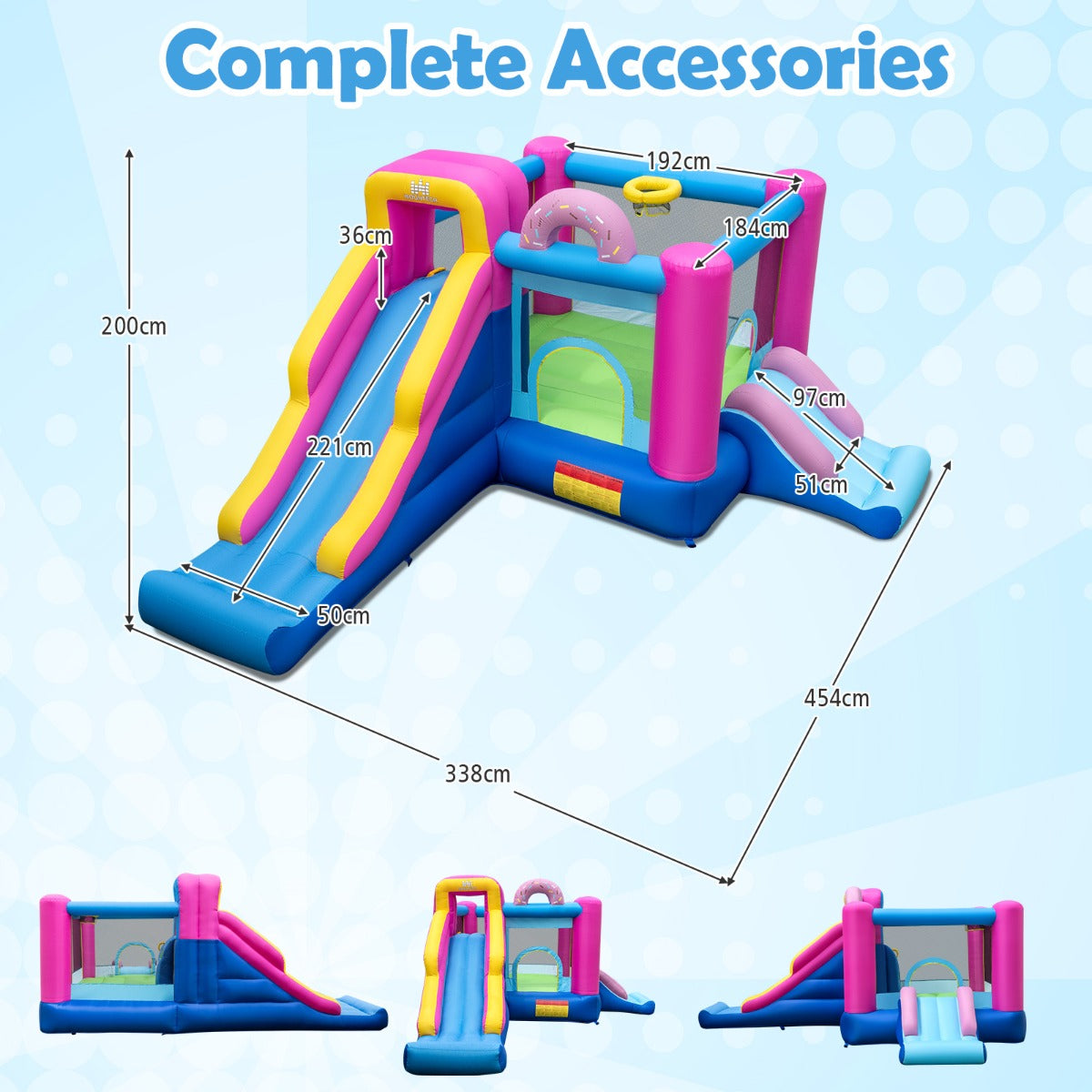 Livsk costway springkasteel opblaasbare structuur voor kinderen met donutthema lange glijbanen springgedeelte klimwand zonder blazer
