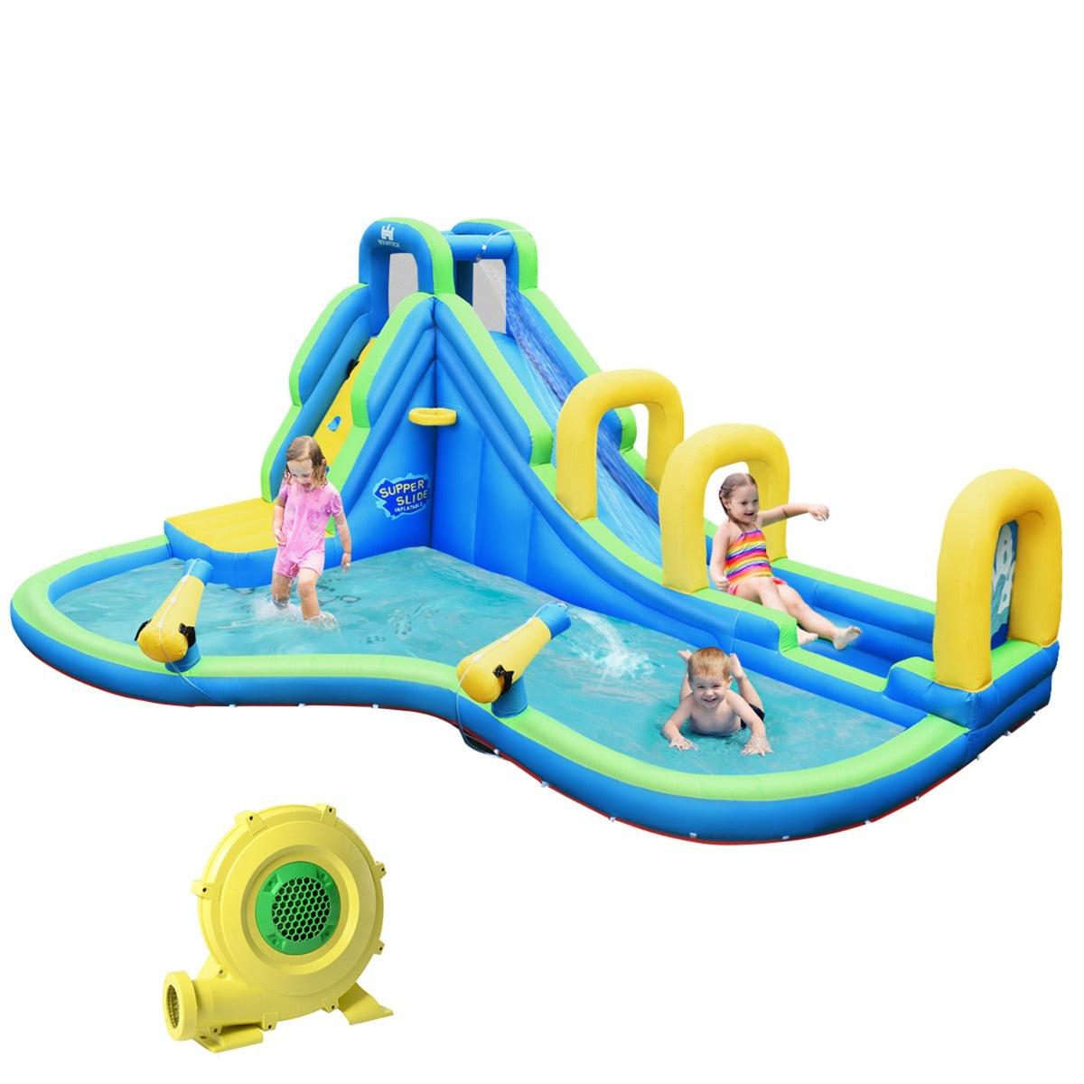 LIVSK Opblaasbaar Waterpark - Springkasteel met Waterglijbaan en Klimwand - Veilig Ontwerp - 478 x 366 x 242 cm - Oxford Stof -