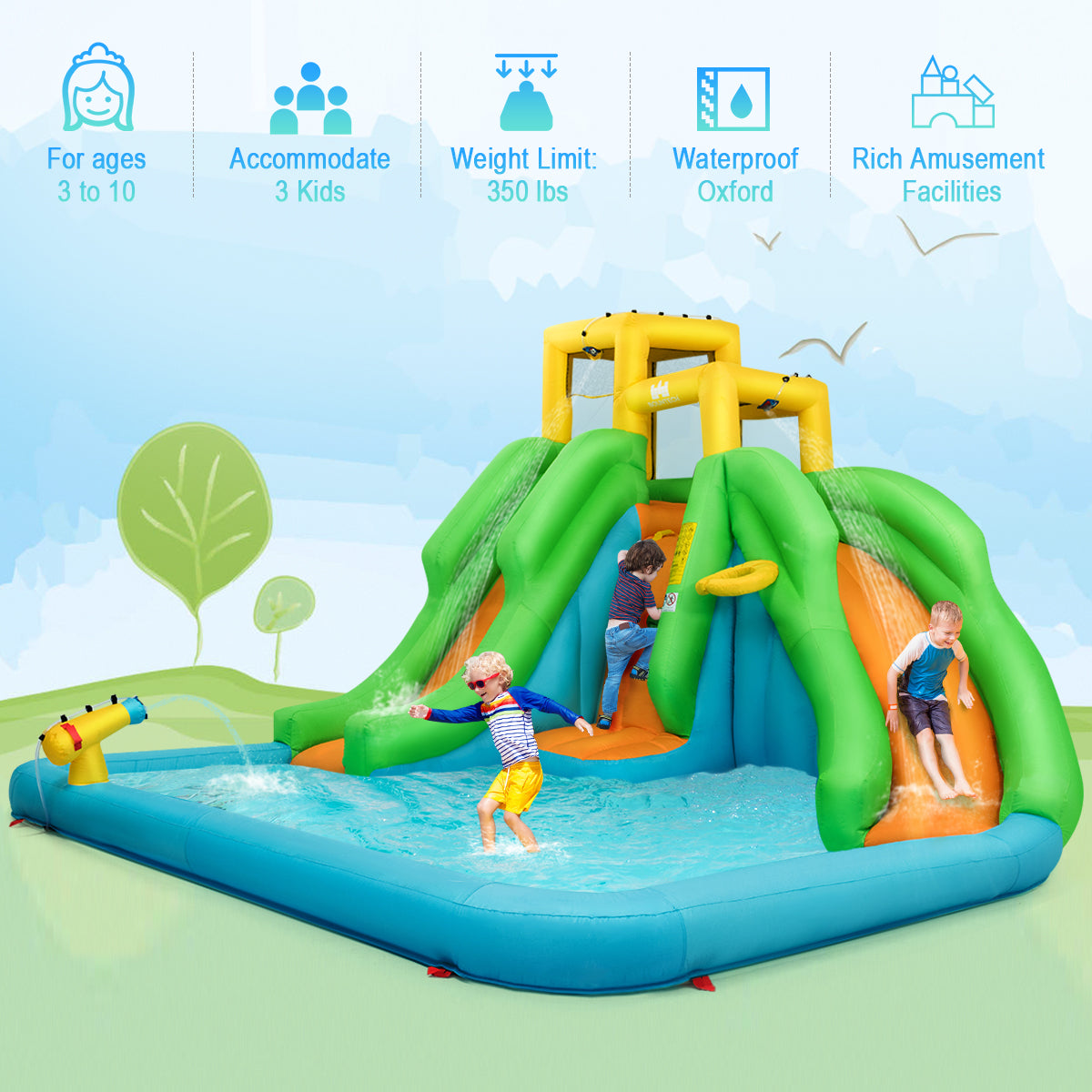 LIVSK Opblaasbaar Waterpark - Glijbanen, Klimwand, Basketbalveld, Pierenbad - Inclusief Draagtas en Waterkanon - Veelkleurig