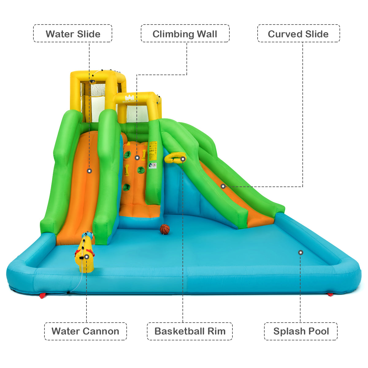 LIVSK Opblaasbaar Waterpark - Glijbanen, Klimwand, Basketbalveld, Pierenbad - Inclusief Draagtas en Waterkanon - Veelkleurig