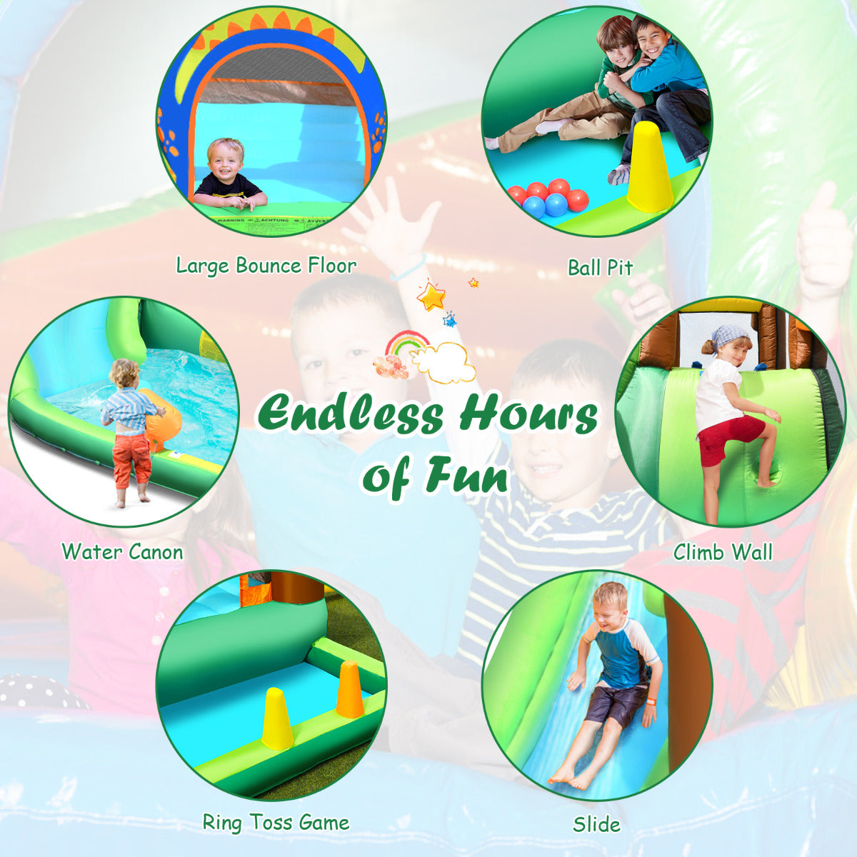 LIVSK Opblaasbaar Waterpark - Oceaanbal Zwembad, Waterkanon, Glijbaan - Duurzaam Oxford - Tot 135 kg - Groen, Blauw, Oranje