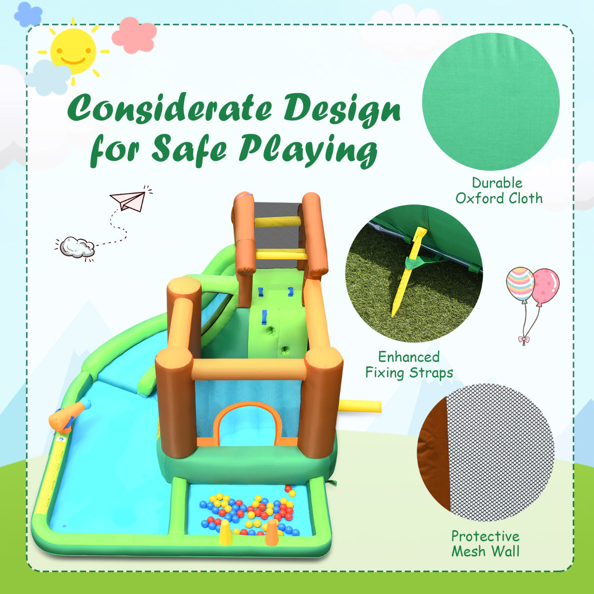 LIVSK Opblaasbaar Waterpark - Oceaanbal Zwembad, Waterkanon, Glijbaan - Duurzaam Oxford - Tot 135 kg - Groen, Blauw, Oranje