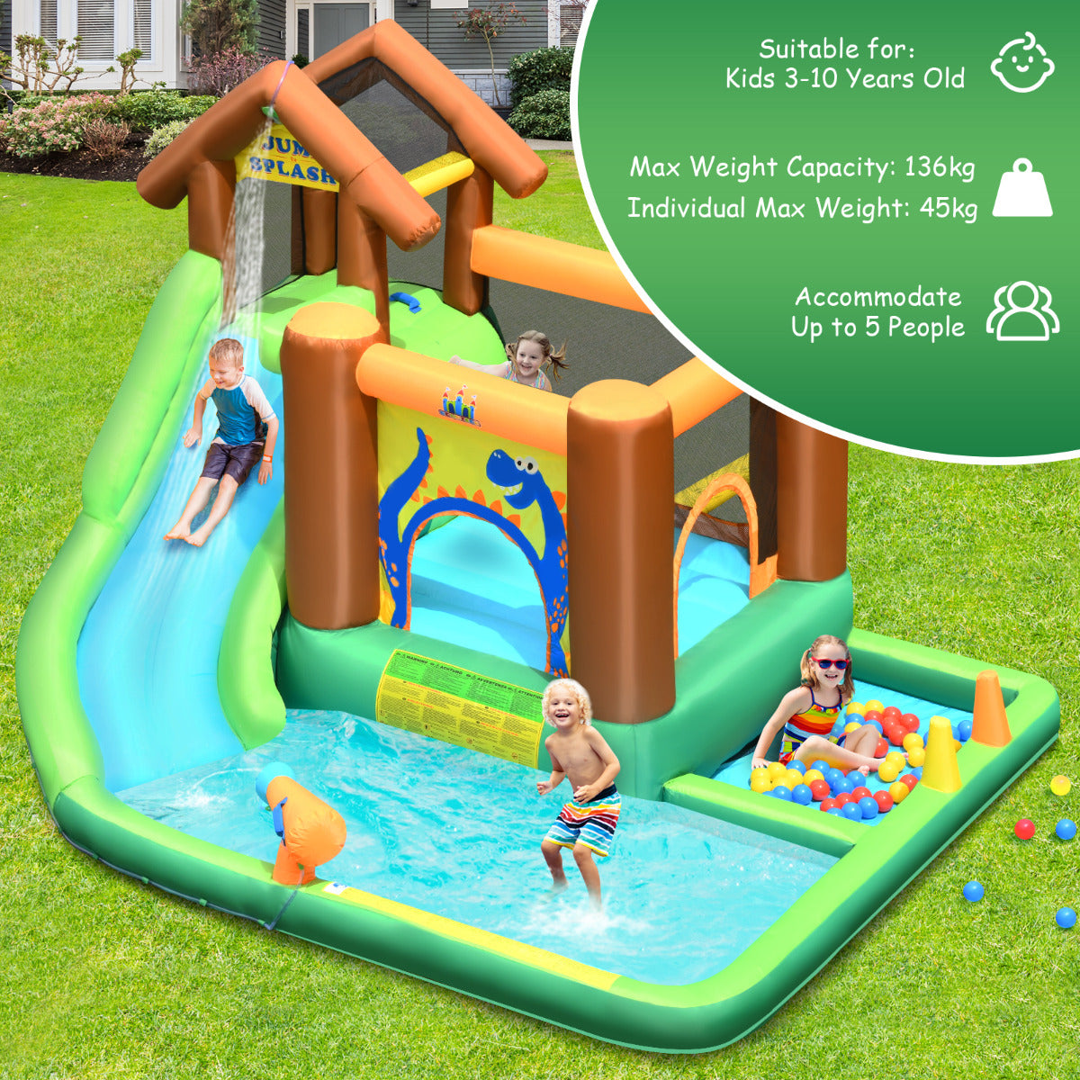 LIVSK Opblaasbaar Waterpark - Oceaanbal Zwembad, Waterkanon, Glijbaan - Duurzaam Oxford - Tot 135 kg - Groen, Blauw, Oranje