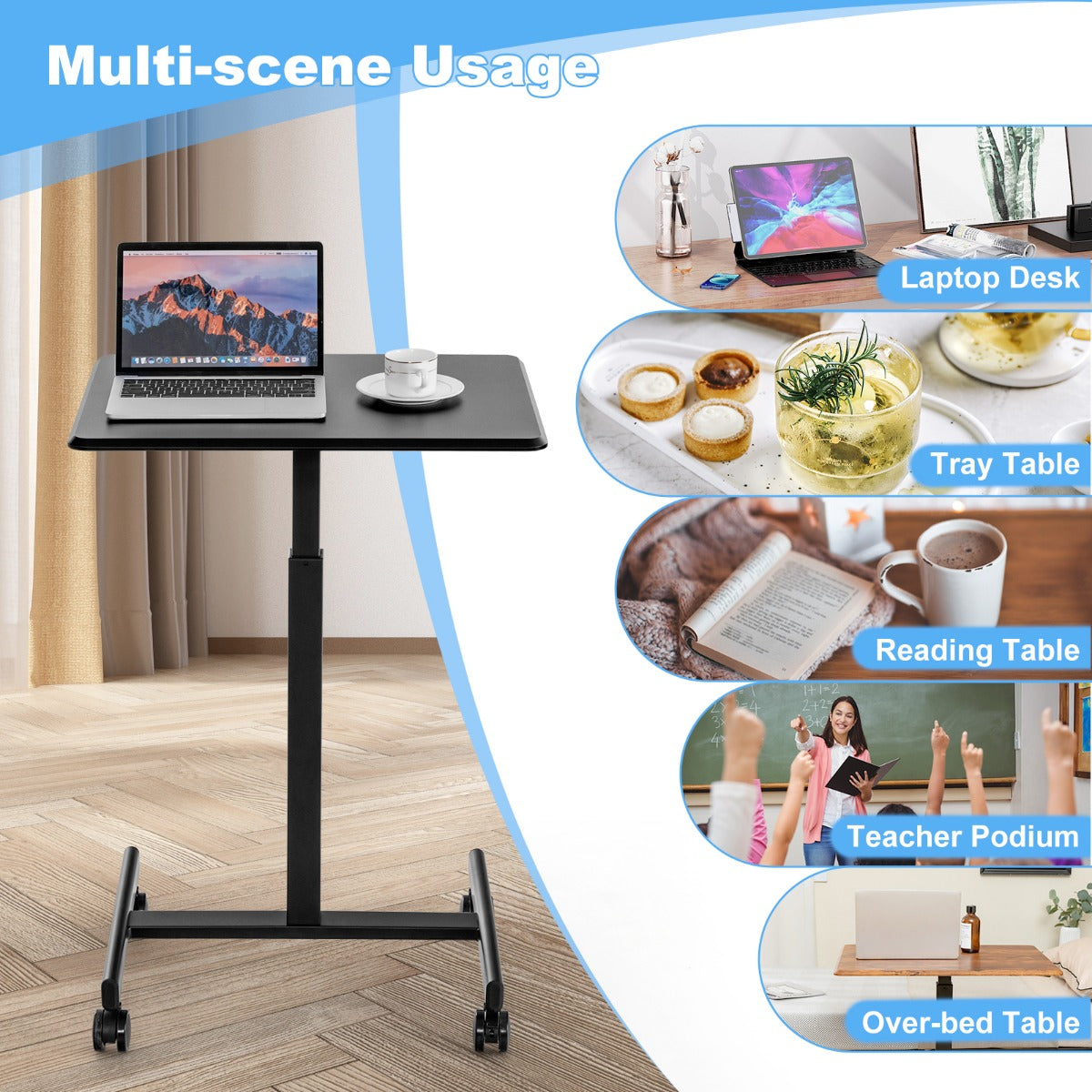 LIVSK Mobiele Laptoptafel - Verstelbare Hoogte 74-108 cm - Draagbaar met Wielen - Stevig Metaal - Zwart