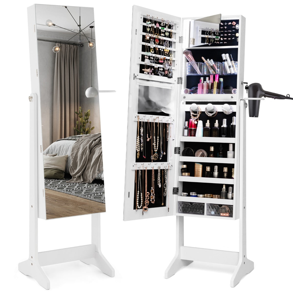 LIVSK Juwelenkast met Spiegel - Afsluitbaar - Diverse Opbergmogelijkheden - Instelbare LED-verlichting - 41 x 37 x 156 cm - Wit