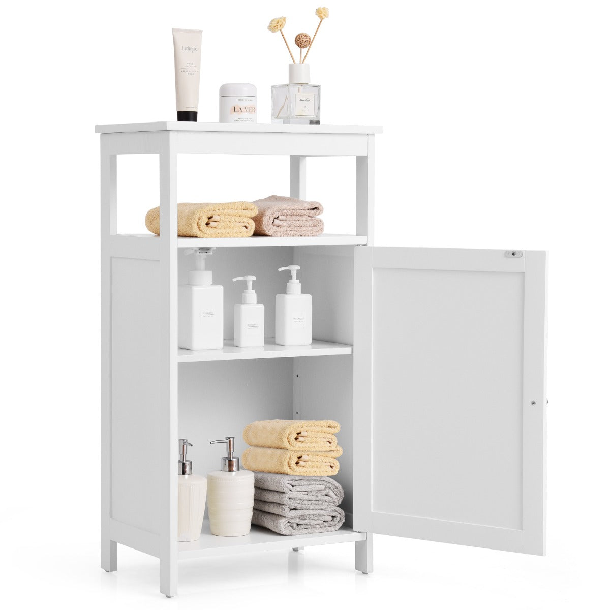 Livsk costway staande badkamerkast multifunctionele opbergkasten met enkele deur en verplaatsbare plank bijzettafel voor woonkamer wit
