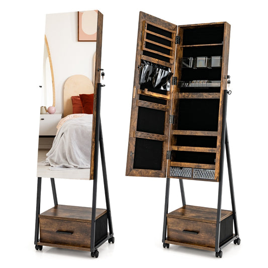 LIVSK Juwelenkast met Spiegel - Afsluitbaar met Vergrendelbare Wielen - Maximale Opbergruimte - Hoogwaardig MDF - 42 x 38 x 157