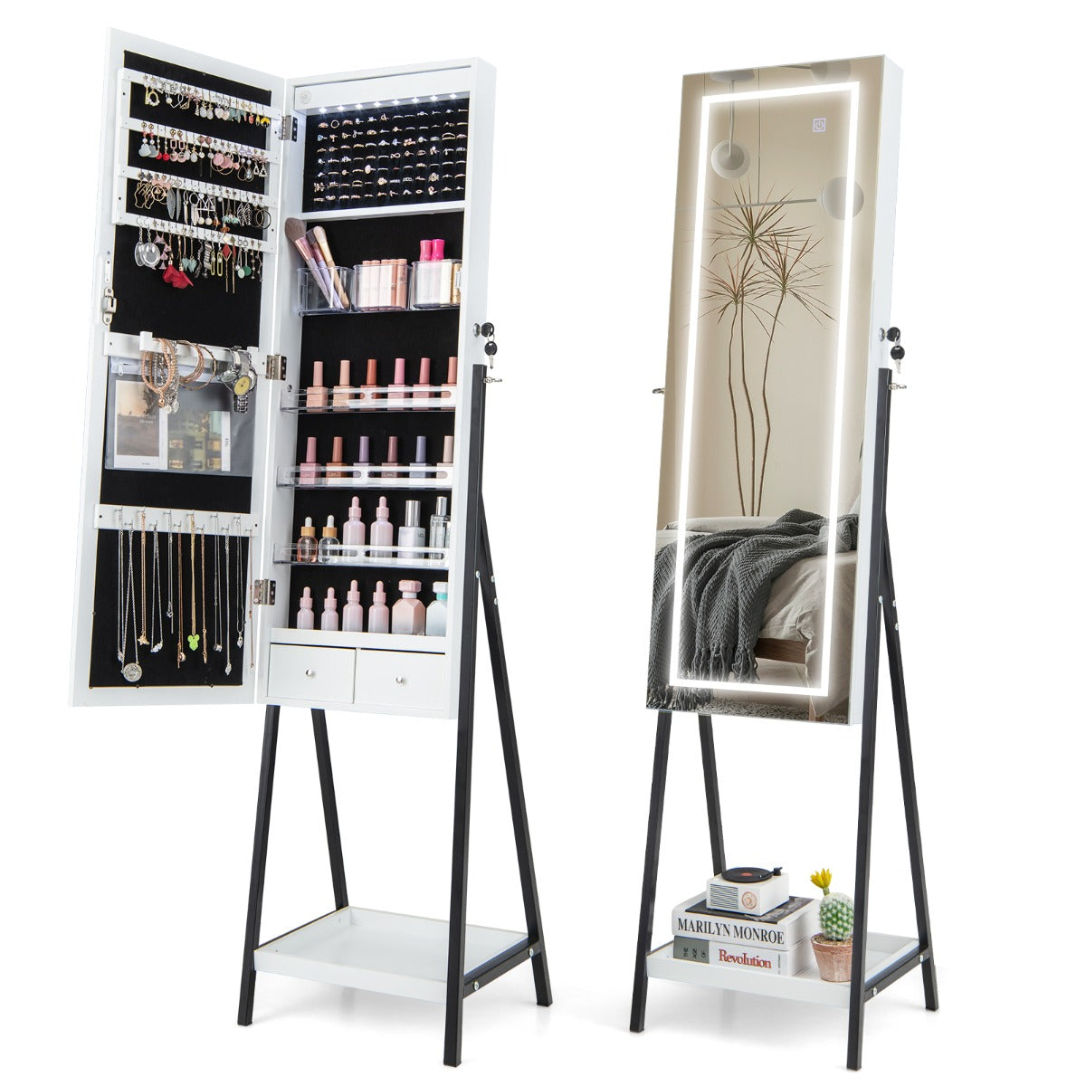 LIVSK Juwelenkast met Grote Opbergcapaciteit - 3 LED Verlichtingsopties - Afsluitbare Deur - 41 x 35 x 160 cm - Wit