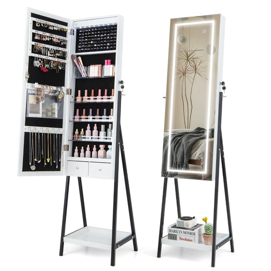 LIVSK Juwelenkast met Grote Opbergcapaciteit - 3 LED Verlichtingsopties - Afsluitbare Deur - 41 x 35 x 160 cm - Wit