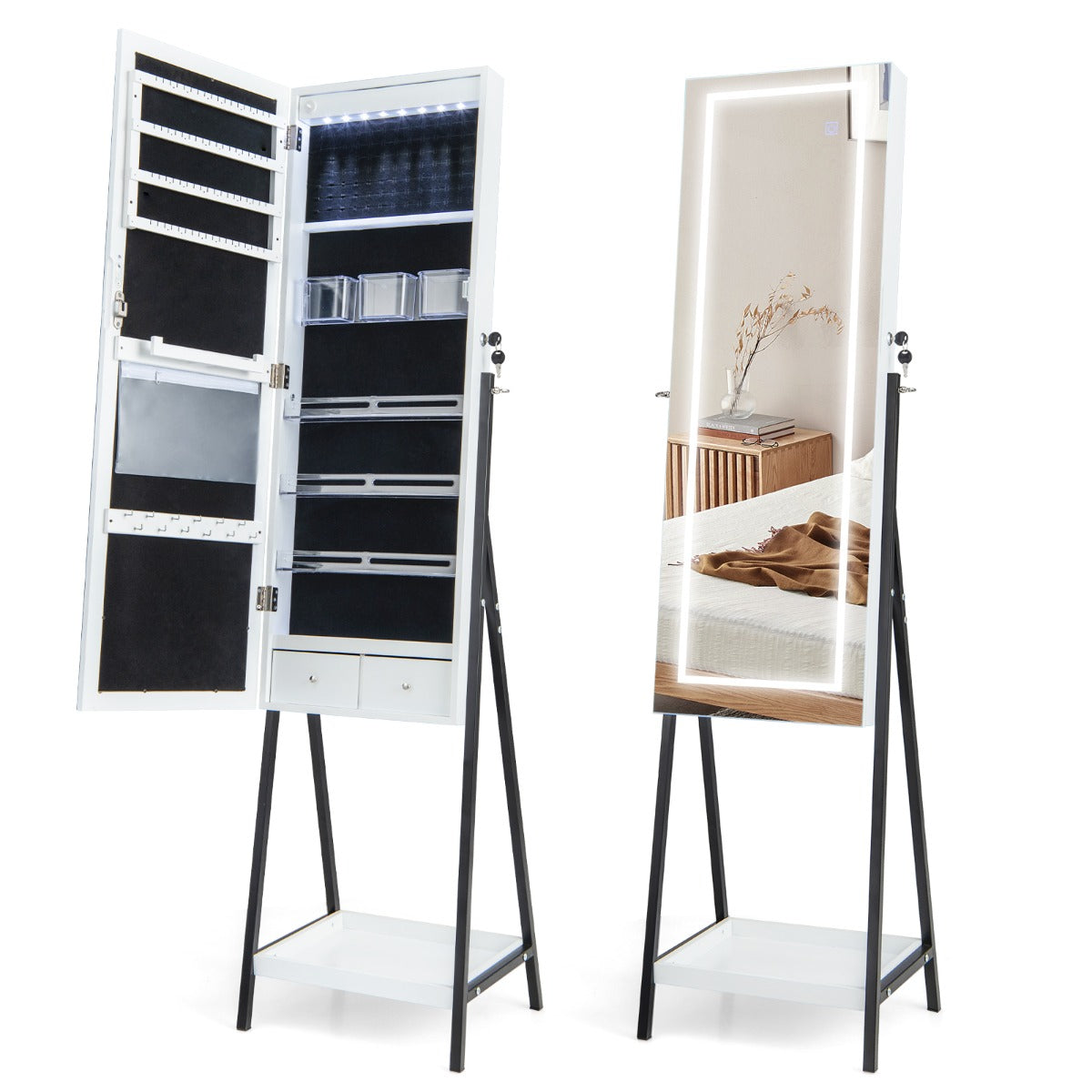 LIVSK Juwelenkast met Grote Opbergcapaciteit - 3 LED Verlichtingsopties - Afsluitbare Deur - 41 x 35 x 160 cm - Wit