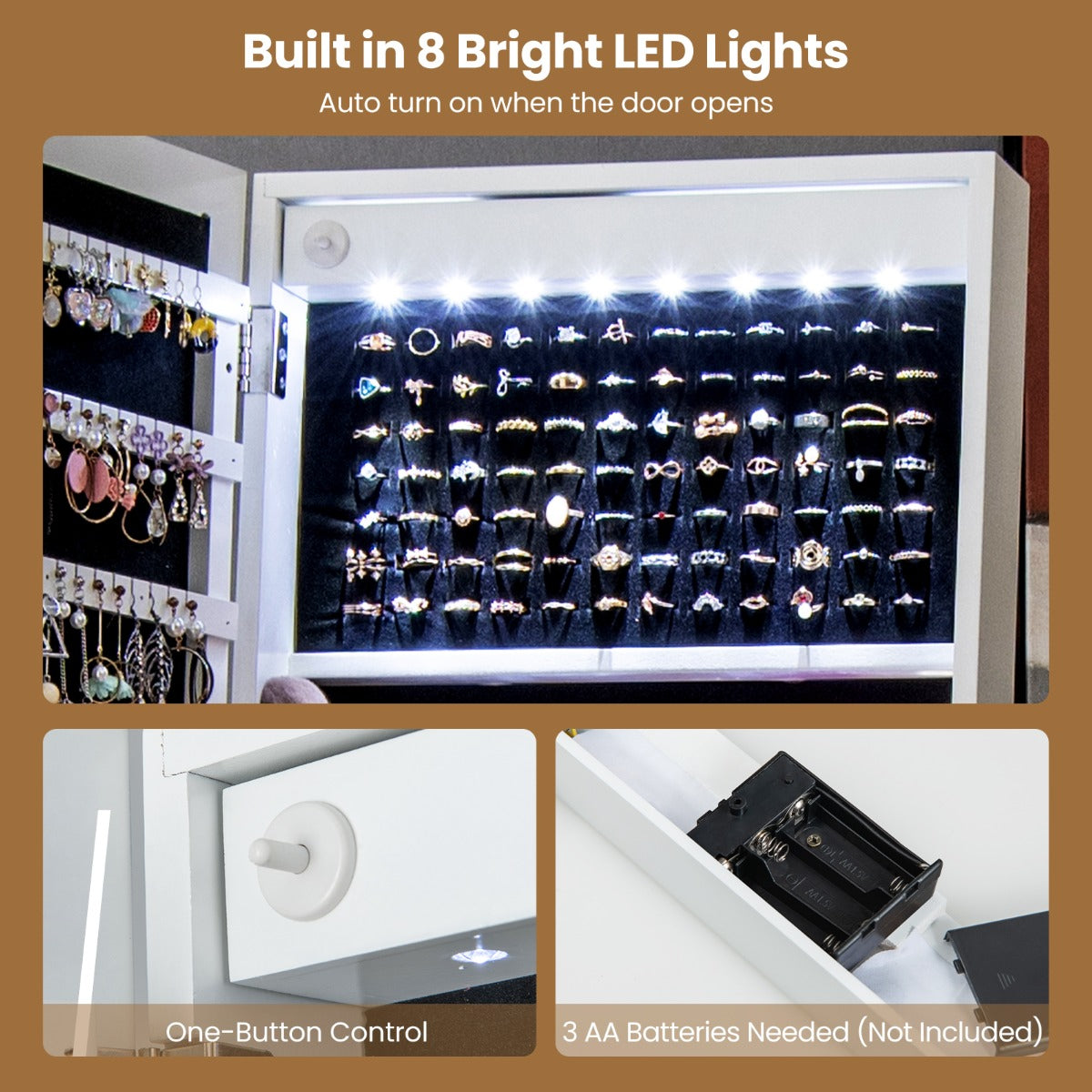 LIVSK Juwelenkast met Grote Opbergcapaciteit - 3 LED Verlichtingsopties - Afsluitbare Deur - 41 x 35 x 160 cm - Wit