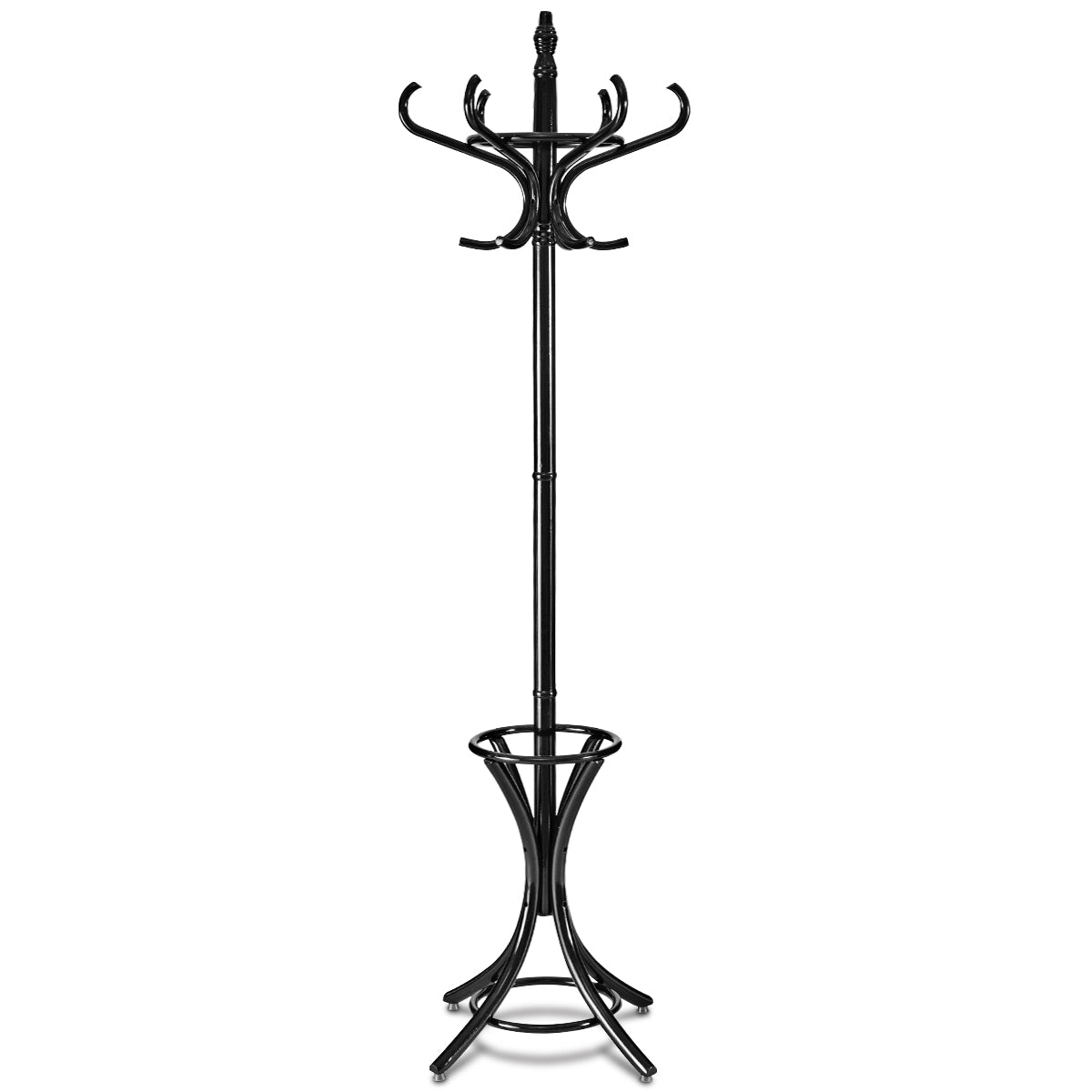 LIVSK Staande Kapstok Hout - 12 Haken - Paraplu Houder - Duurzaam Berkenhout - Eenvoudig te Monteren - 51 x 51 x 184 cm - Zwart