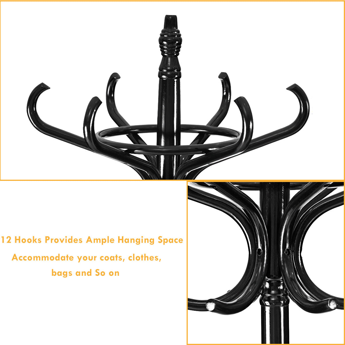 LIVSK Staande Kapstok Hout - 12 Haken - Paraplu Houder - Duurzaam Berkenhout - Eenvoudig te Monteren - 51 x 51 x 184 cm - Zwart