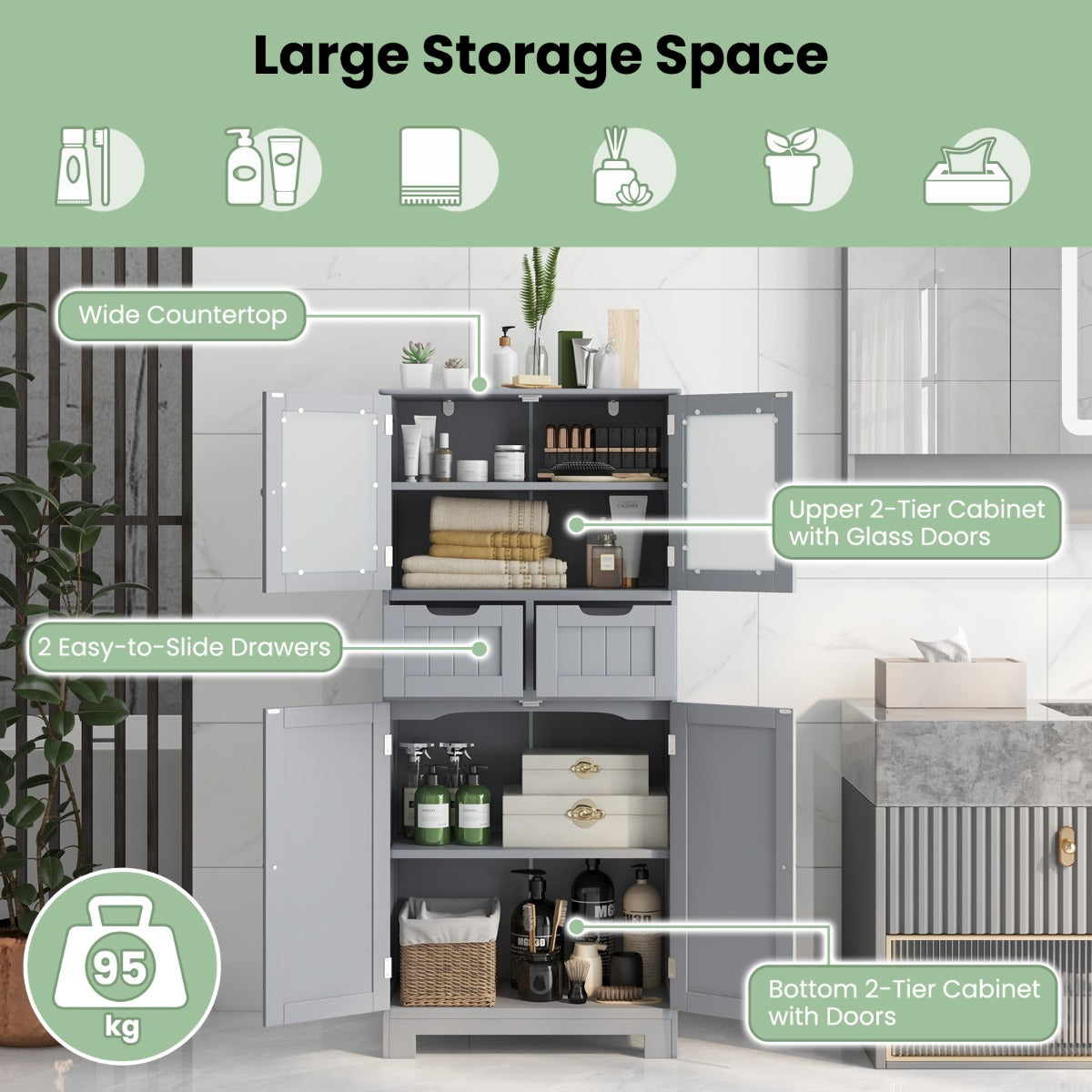 LIVSK 4-deurs staande kast - Verstelbare planken - 2 lades - Duurzaam MDF en gehard glas - Veiligheidsvoorzieningen - Grijs