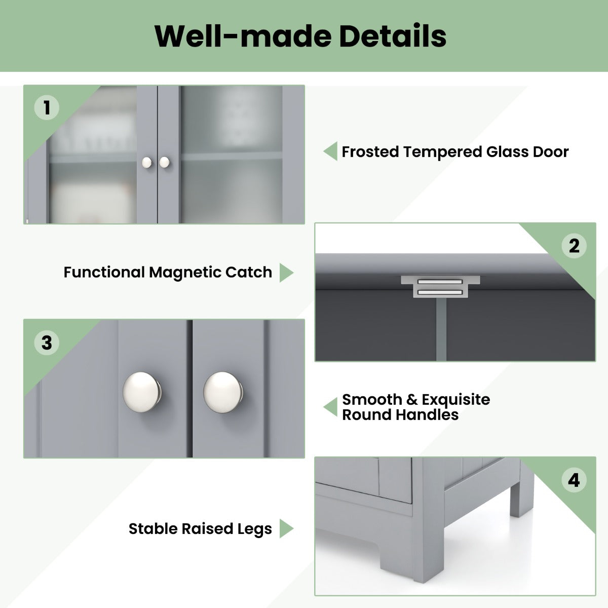 LIVSK 4-deurs staande kast - Verstelbare planken - 2 lades - Duurzaam MDF en gehard glas - Veiligheidsvoorzieningen - Grijs