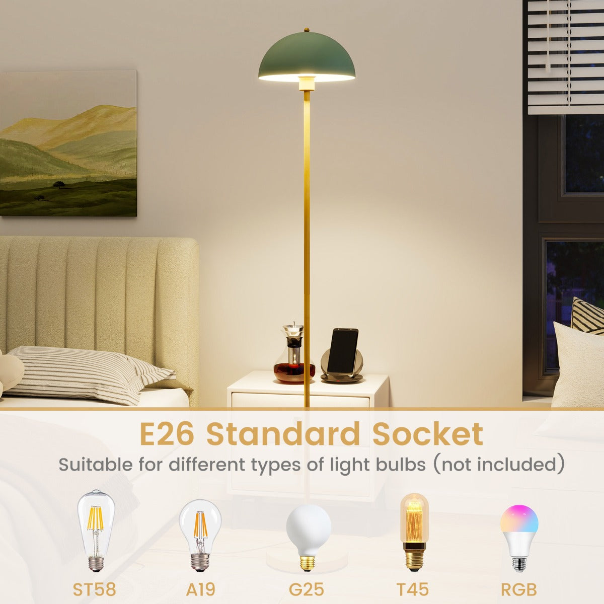 LIVSK Verstelbare Vloerlamp met Voetschakelaar - Onbreekbare Lampenkap - Anti-kantelvoet - E27 Fitting - Elegante Stijl - Zwart