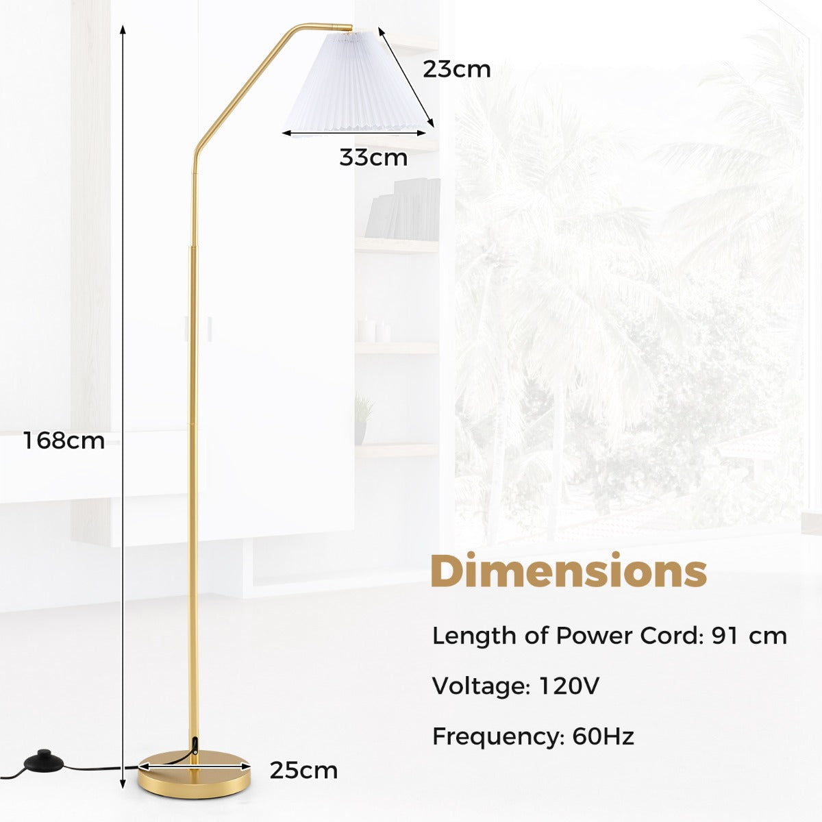 LIVSK Staande Booglamp 168 cm - 350° Verstelbare Lampenkop - E27-fitting - Voetschakelaar - Stabiliteit - Goud + Wit