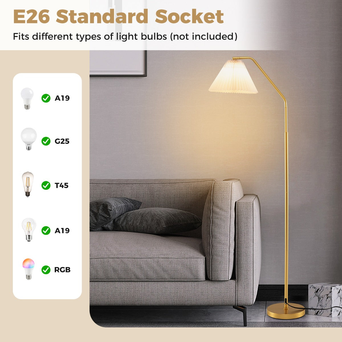 LIVSK Staande Booglamp 168 cm - 350° Verstelbare Lampenkop - E27-fitting - Voetschakelaar - Stabiliteit - Goud + Wit