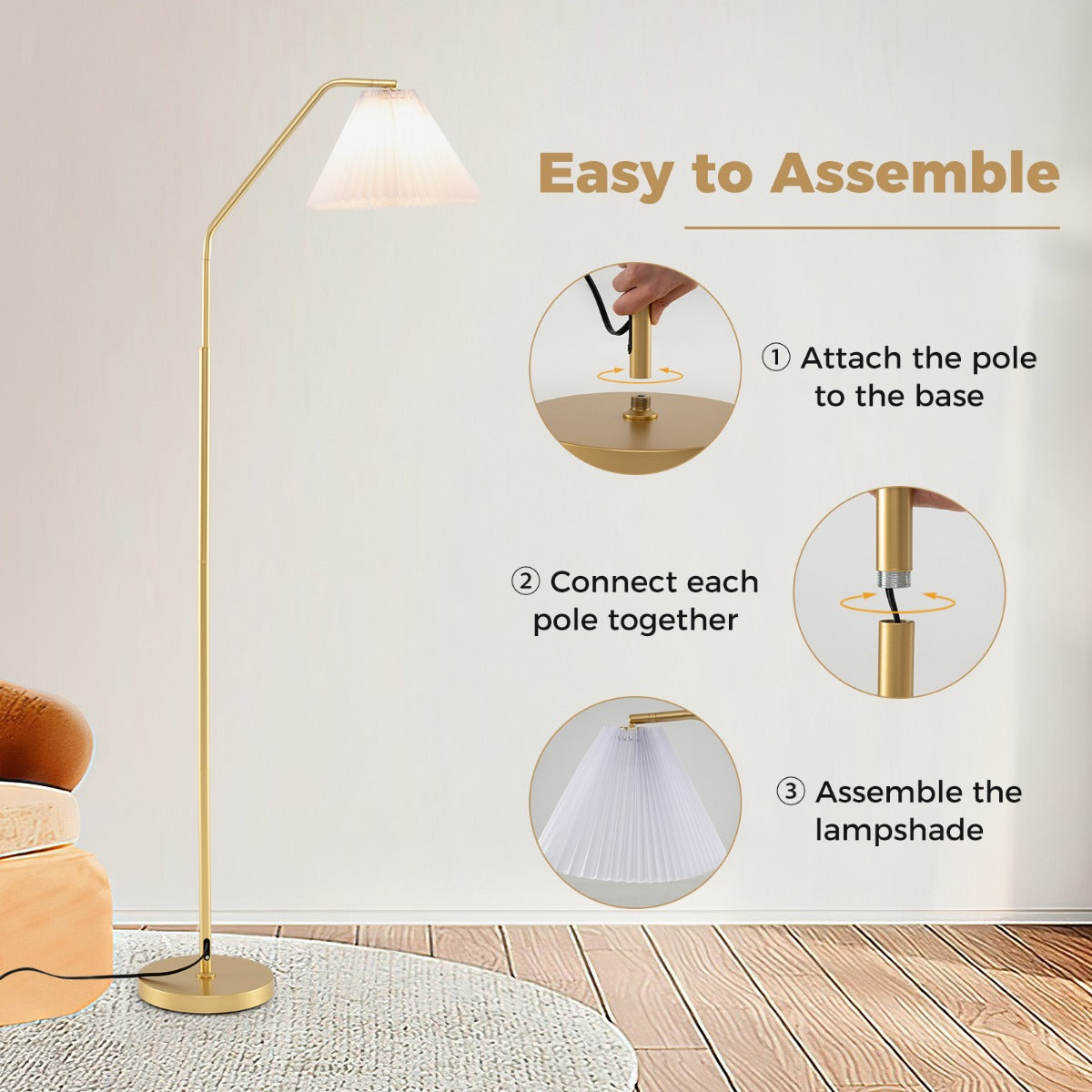 LIVSK Staande Booglamp 168 cm - 350° Verstelbare Lampenkop - E27-fitting - Voetschakelaar - Stabiliteit - Goud + Wit