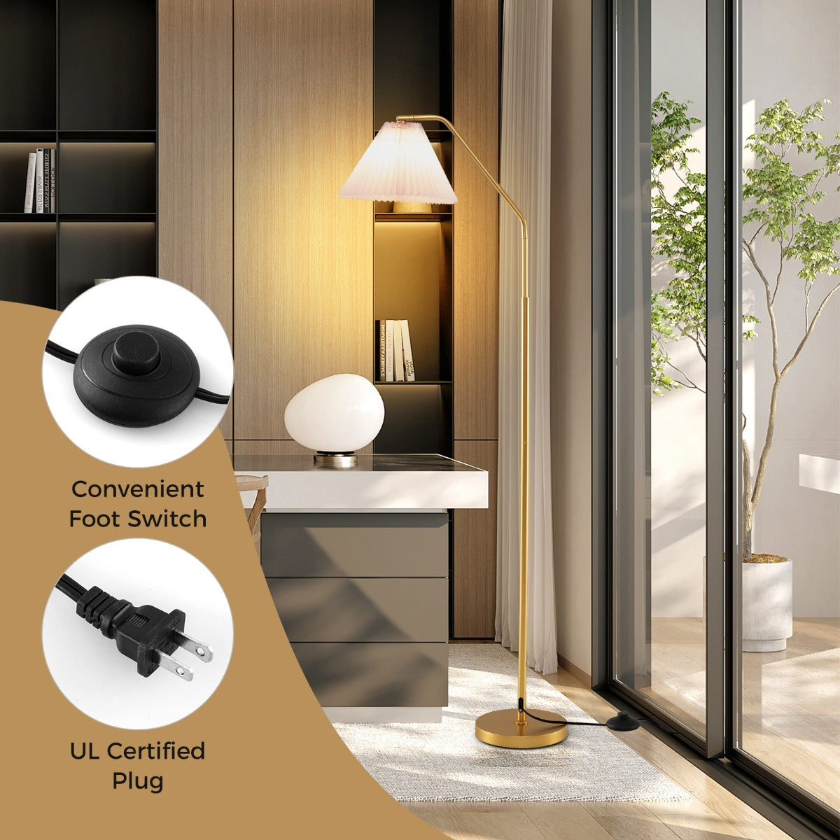 LIVSK Staande Booglamp 168 cm - 350° Verstelbare Lampenkop - E27-fitting - Voetschakelaar - Stabiliteit - Goud + Wit
