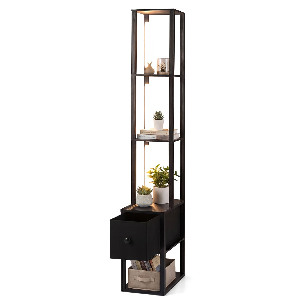 Livsk costway staande lamp met instelbare helderheid moderne staande lamp met bijzettafel planken en lade hoekstaande lamp 435 x 265 x 169 cm 1